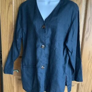 100% linen Navy  3 buttoned, blazer/jacket/cover   sz P but see measurements.